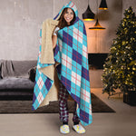 White And Blue Argyle Pattern Print Hooded Blanket