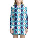 White And Blue Argyle Pattern Print Hoodie Dress