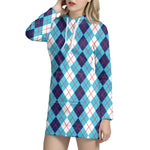 White And Blue Argyle Pattern Print Hoodie Dress