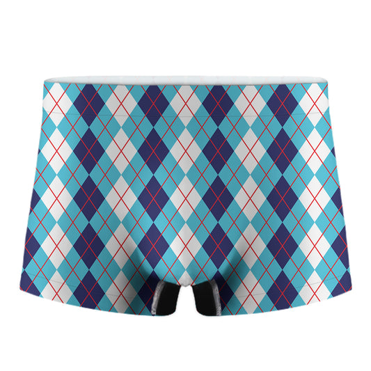 White And Blue Argyle Pattern Print Men's Boxer Briefs