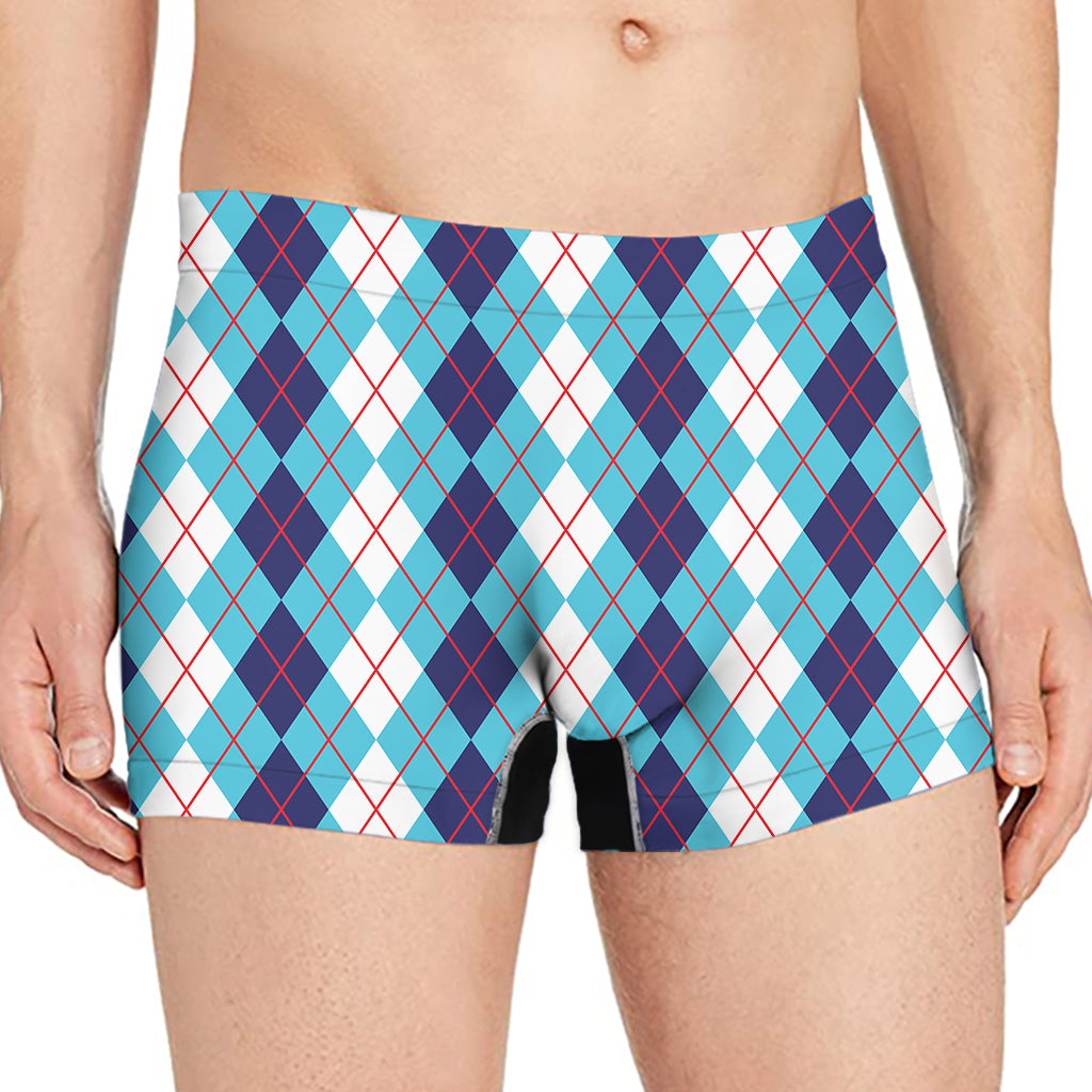 White And Blue Argyle Pattern Print Men's Boxer Briefs