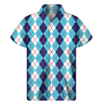 White And Blue Argyle Pattern Print Men's Short Sleeve Shirt