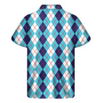 White And Blue Argyle Pattern Print Men's Short Sleeve Shirt