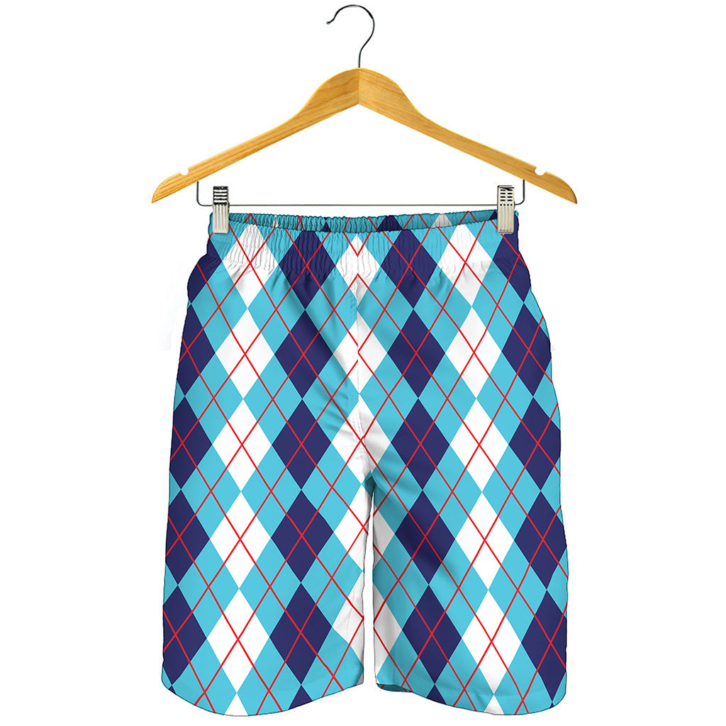 White And Blue Argyle Pattern Print Men's Shorts