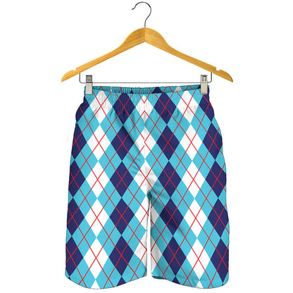 White And Blue Argyle Pattern Print Men's Shorts