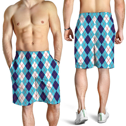 White And Blue Argyle Pattern Print Men's Shorts