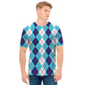 White And Blue Argyle Pattern Print Men's T-Shirt
