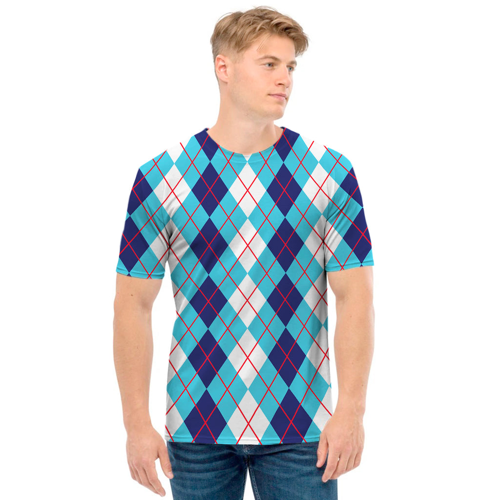 White And Blue Argyle Pattern Print Men's T-Shirt