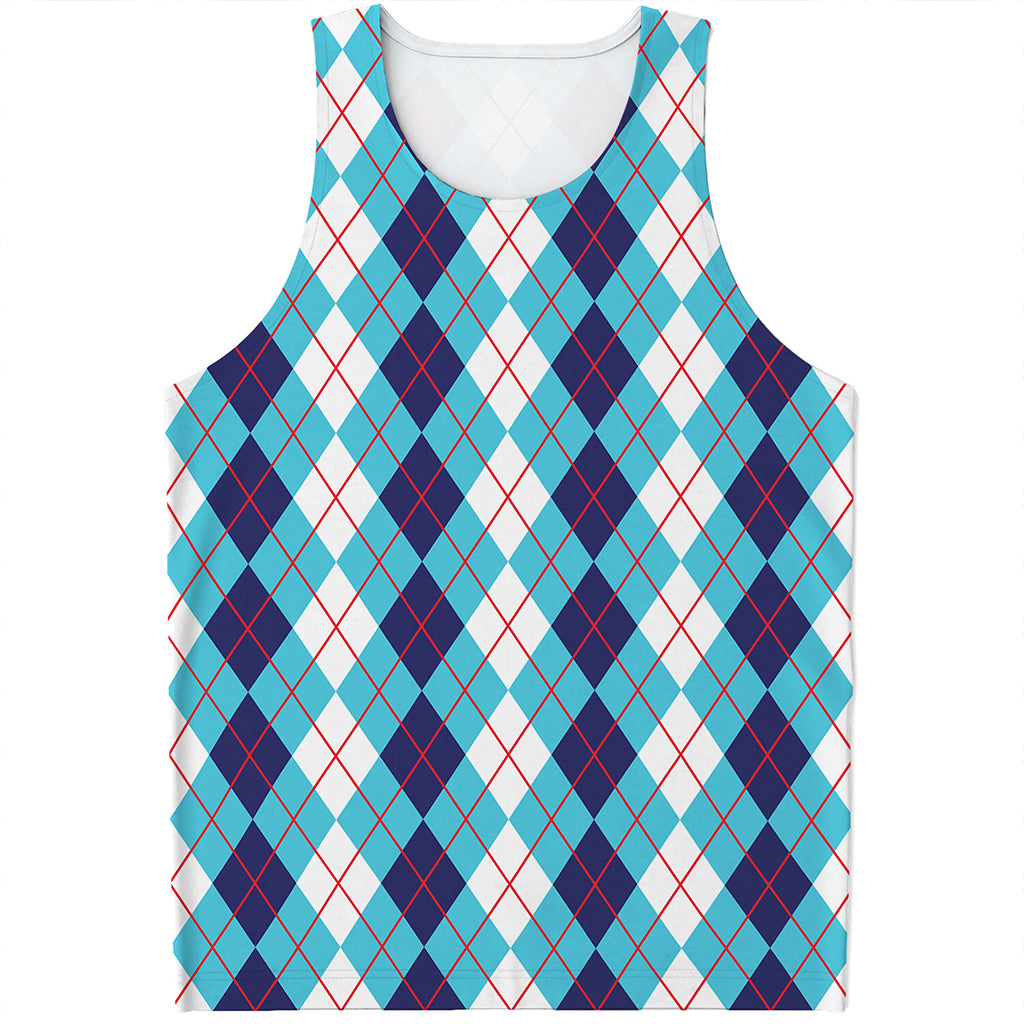 White And Blue Argyle Pattern Print Men's Tank Top