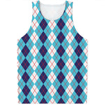 White And Blue Argyle Pattern Print Men's Tank Top