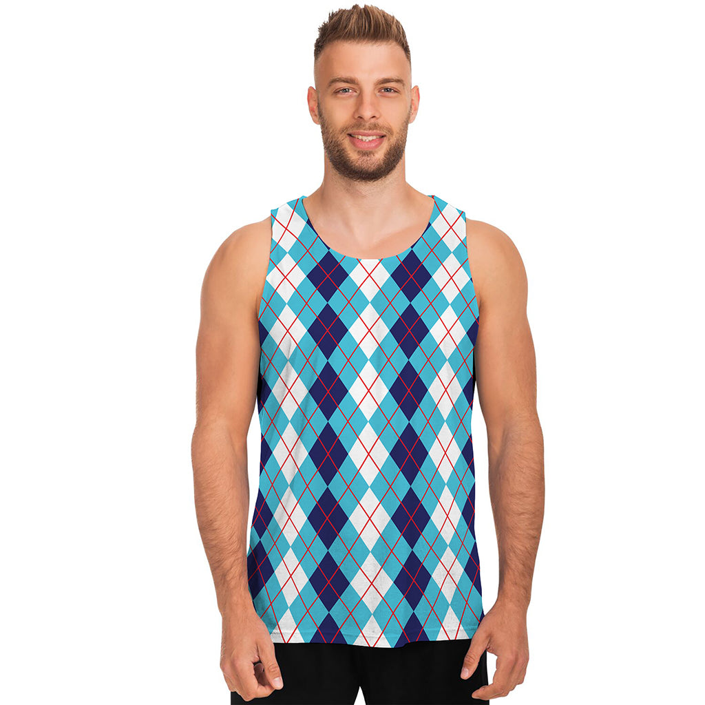 White And Blue Argyle Pattern Print Men's Tank Top