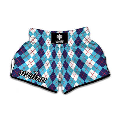 White And Blue Argyle Pattern Print Muay Thai Boxing Shorts