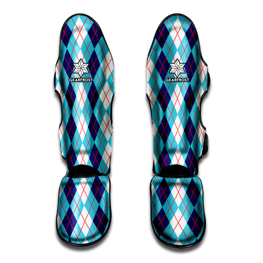 White And Blue Argyle Pattern Print Muay Thai Shin Guard