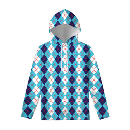 White And Blue Argyle Pattern Print Pullover Hoodie