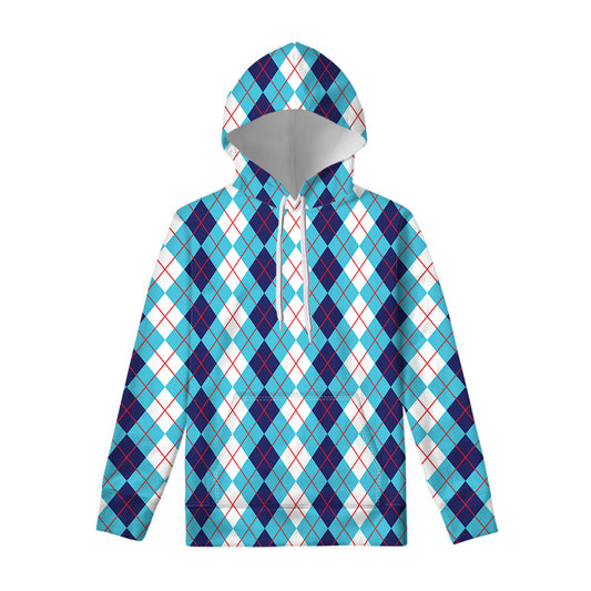 White And Blue Argyle Pattern Print Pullover Hoodie