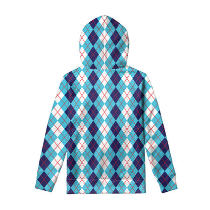 White And Blue Argyle Pattern Print Pullover Hoodie