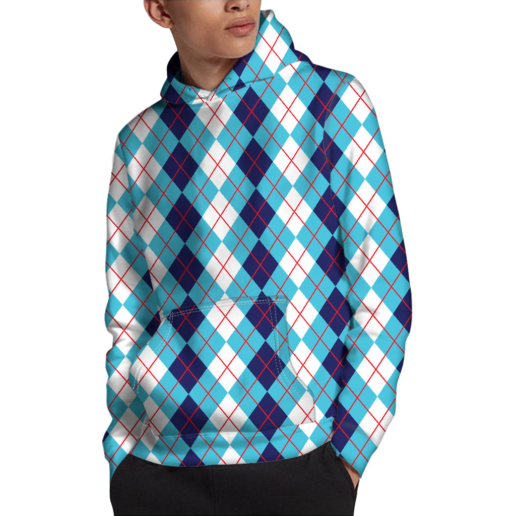 White And Blue Argyle Pattern Print Pullover Hoodie