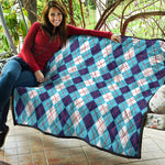 White And Blue Argyle Pattern Print Quilt