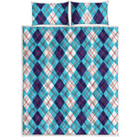White And Blue Argyle Pattern Print Quilt Bed Set