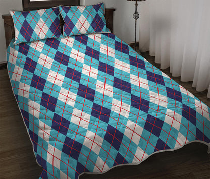 White And Blue Argyle Pattern Print Quilt Bed Set