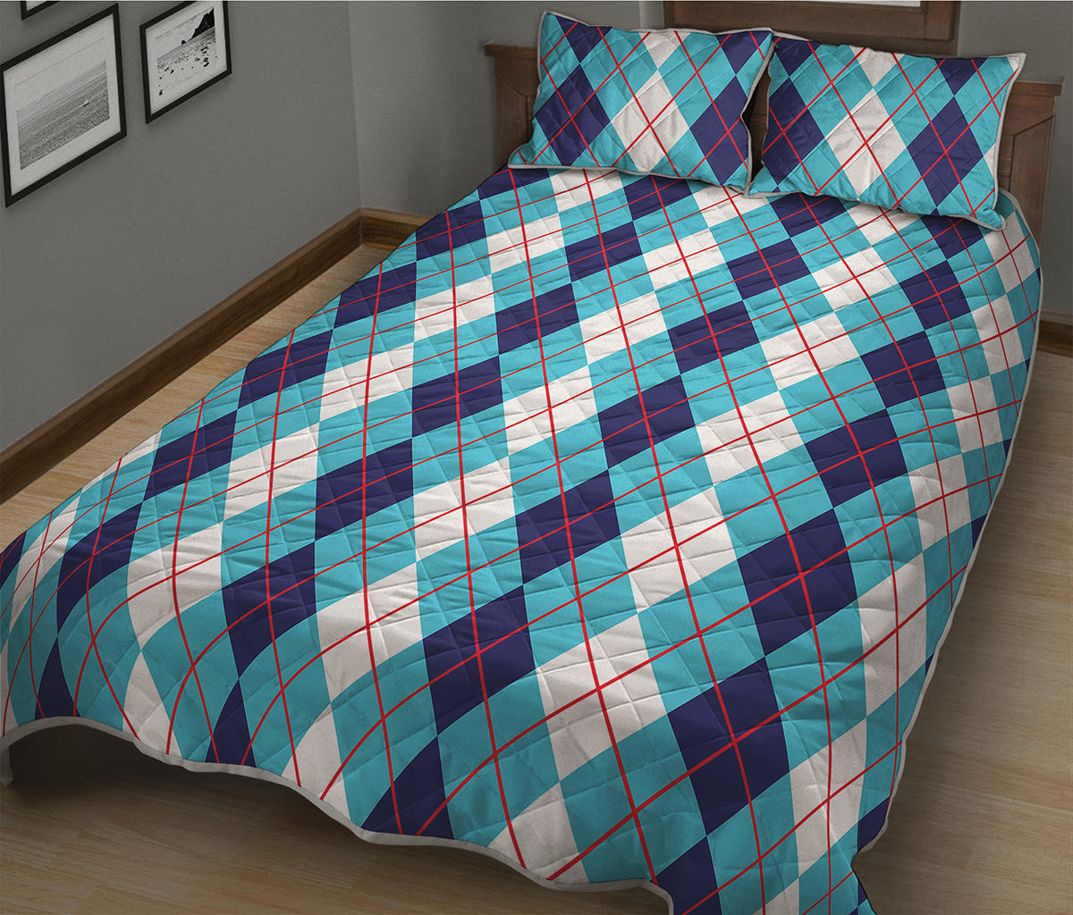 White And Blue Argyle Pattern Print Quilt Bed Set