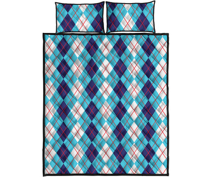 White And Blue Argyle Pattern Print Quilt Bed Set