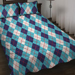 White And Blue Argyle Pattern Print Quilt Bed Set