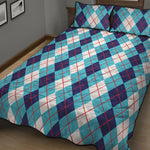White And Blue Argyle Pattern Print Quilt Bed Set