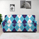 White And Blue Argyle Pattern Print Sofa Cover