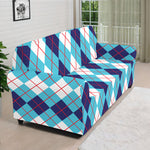 White And Blue Argyle Pattern Print Sofa Cover