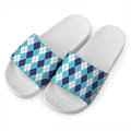 White And Blue Argyle Pattern Print White Slide Sandals