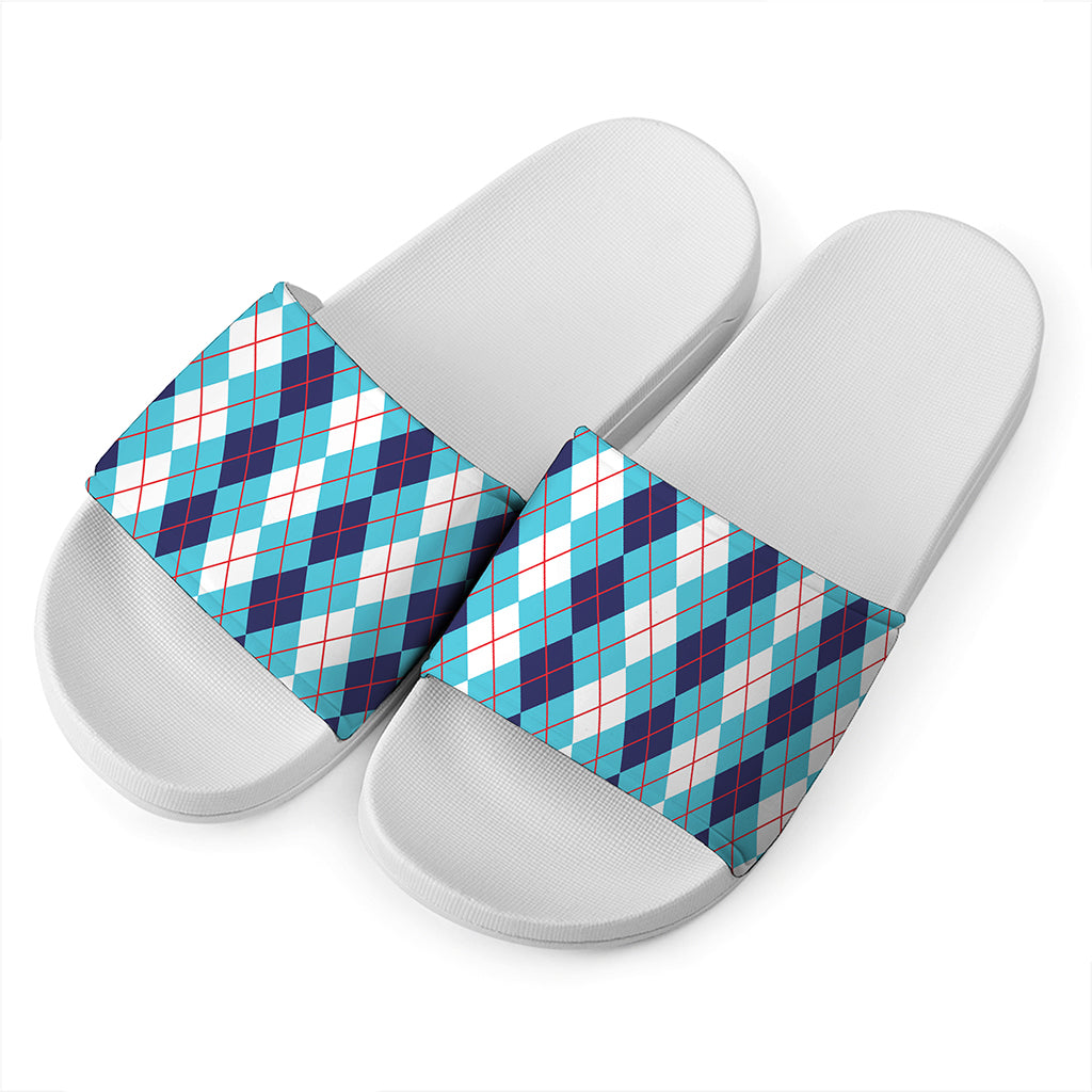 White And Blue Argyle Pattern Print White Slide Sandals