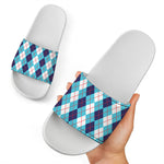 White And Blue Argyle Pattern Print White Slide Sandals