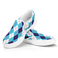 White And Blue Argyle Pattern Print White Slip On Sneakers