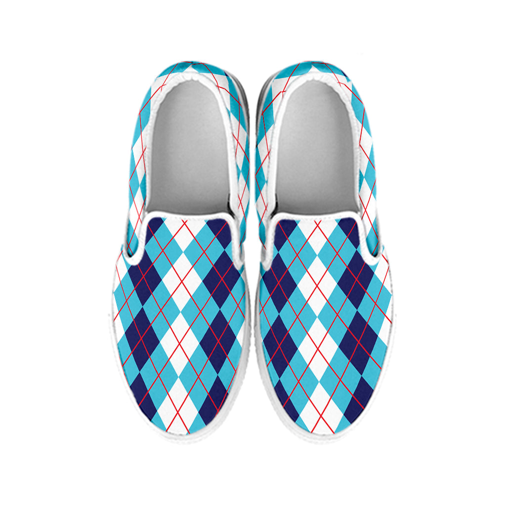 White And Blue Argyle Pattern Print White Slip On Shoes