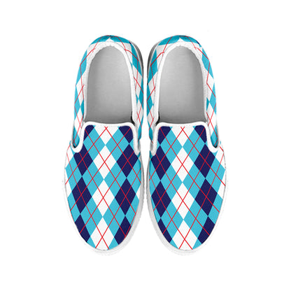 White And Blue Argyle Pattern Print White Slip On Shoes