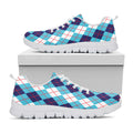 White And Blue Argyle Pattern Print White Running Shoes