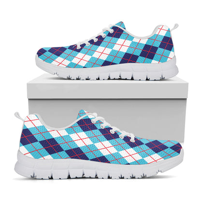 White And Blue Argyle Pattern Print White Sneakers