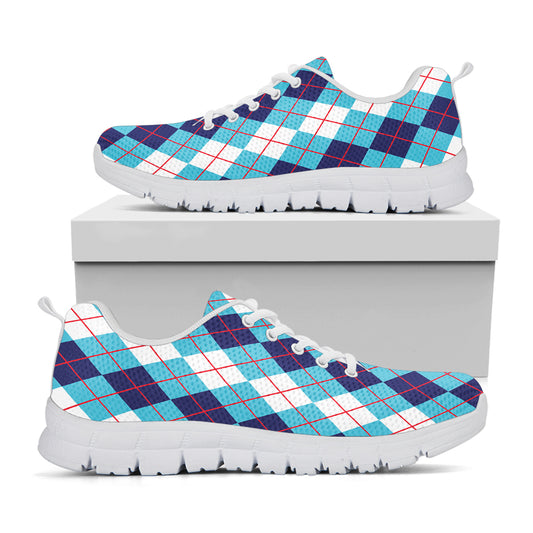 White And Blue Argyle Pattern Print White Sneakers