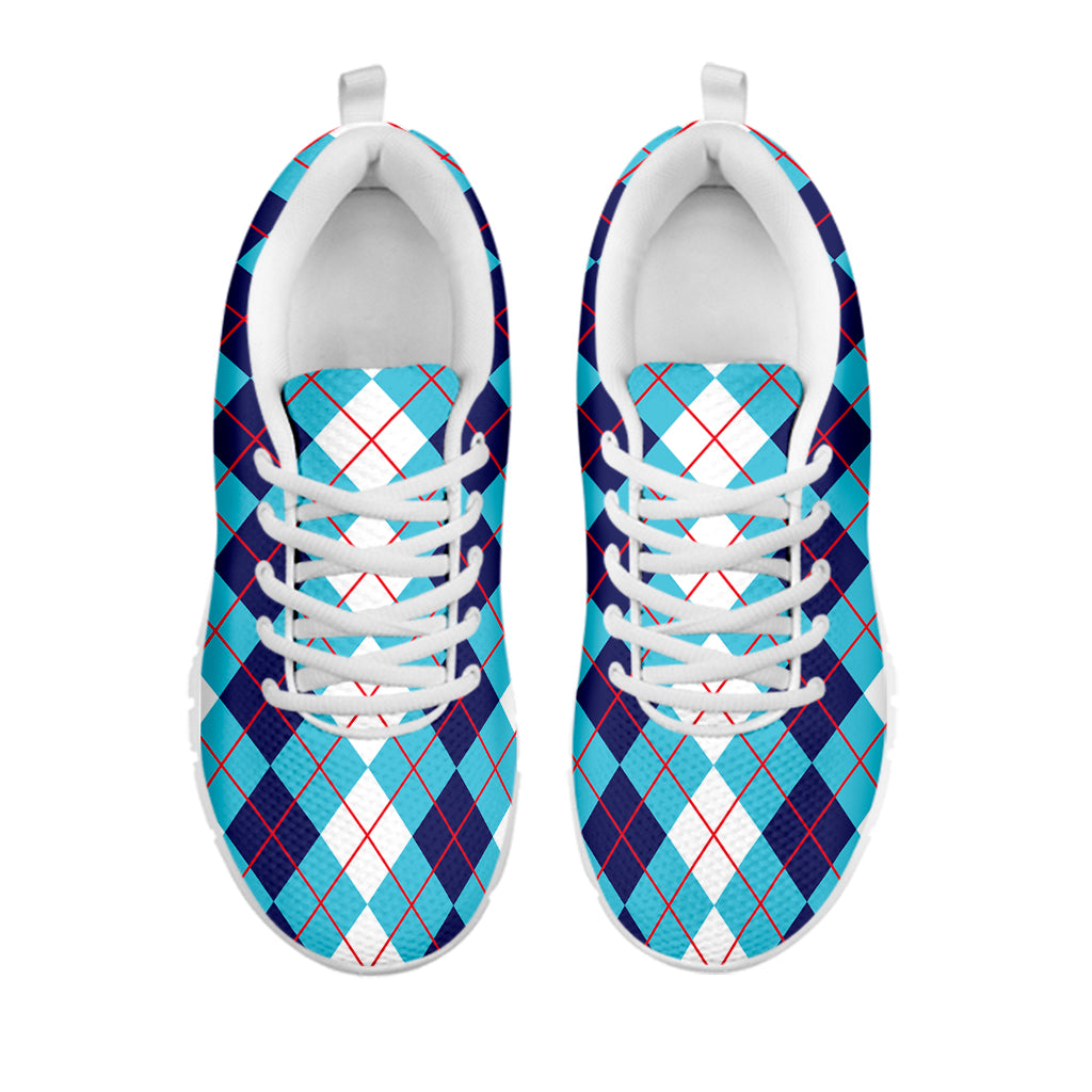 White And Blue Argyle Pattern Print White Sneakers