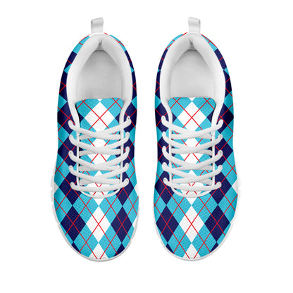 White And Blue Argyle Pattern Print White Sneakers