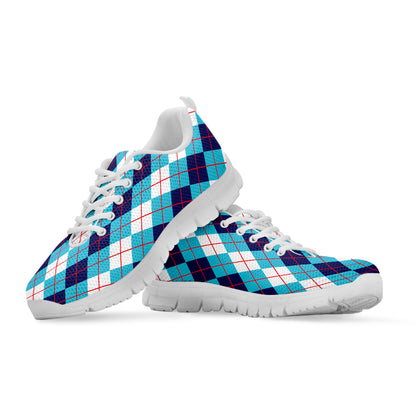 White And Blue Argyle Pattern Print White Sneakers
