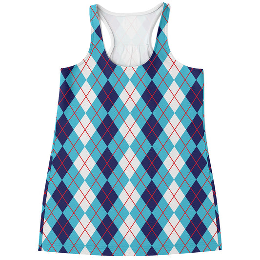 White And Blue Argyle Pattern Print Women's Racerback Tank Top