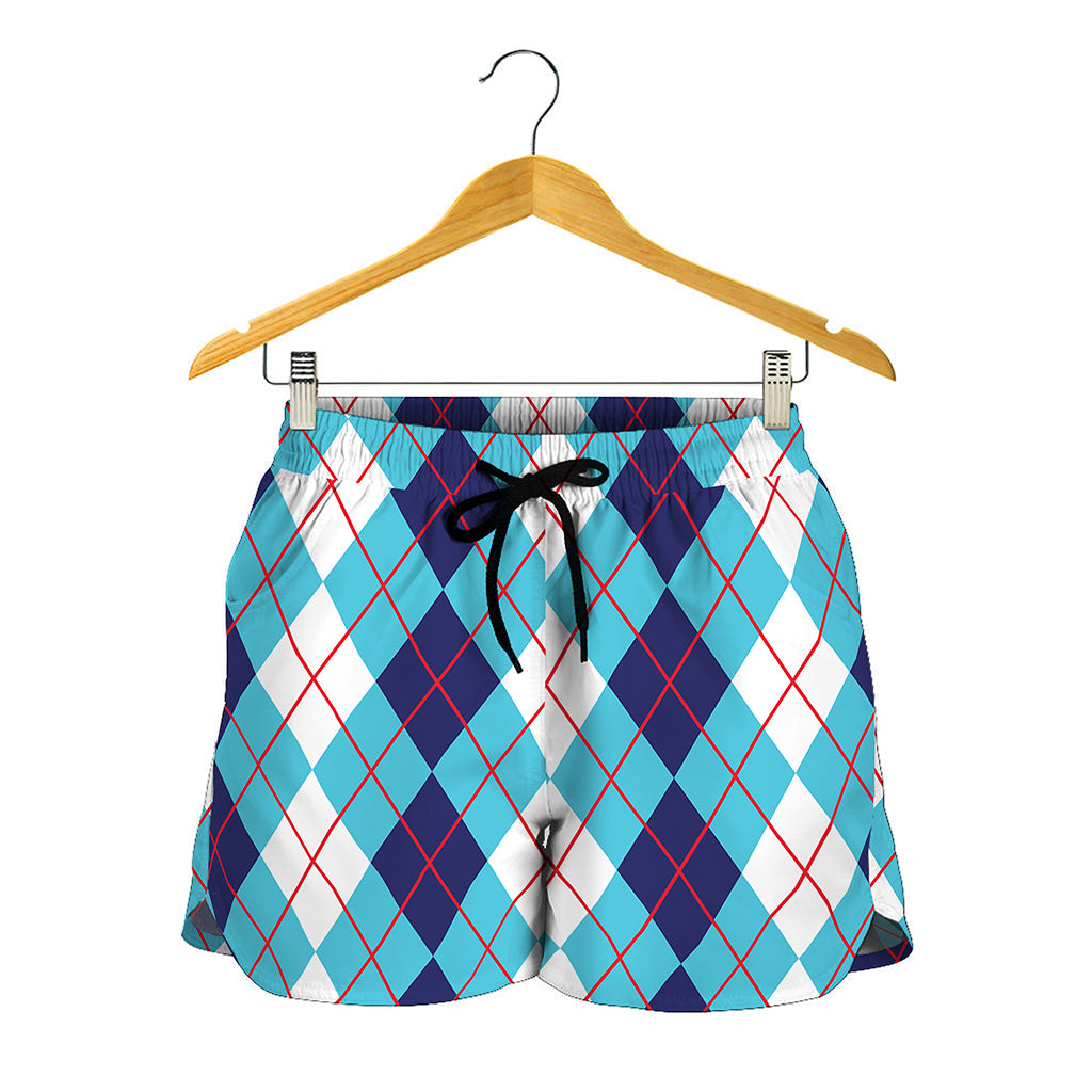 White And Blue Argyle Pattern Print Women's Shorts