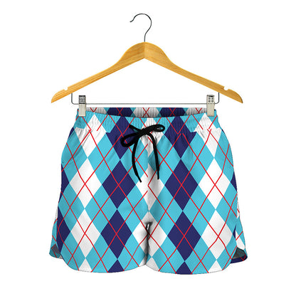 White And Blue Argyle Pattern Print Women's Shorts