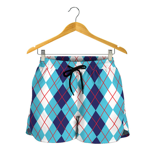 White And Blue Argyle Pattern Print Women's Shorts