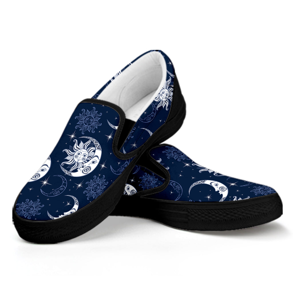 White And Blue Celestial Pattern Print Black Slip On Shoes