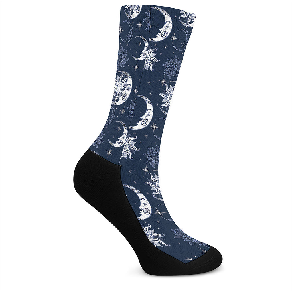White And Blue Celestial Pattern Print Crew Socks