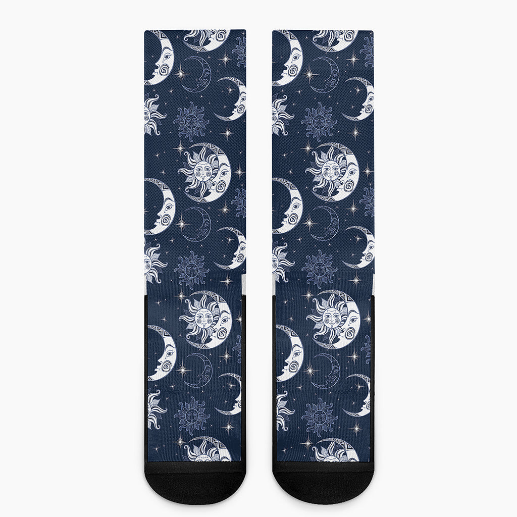 White And Blue Celestial Pattern Print Crew Socks