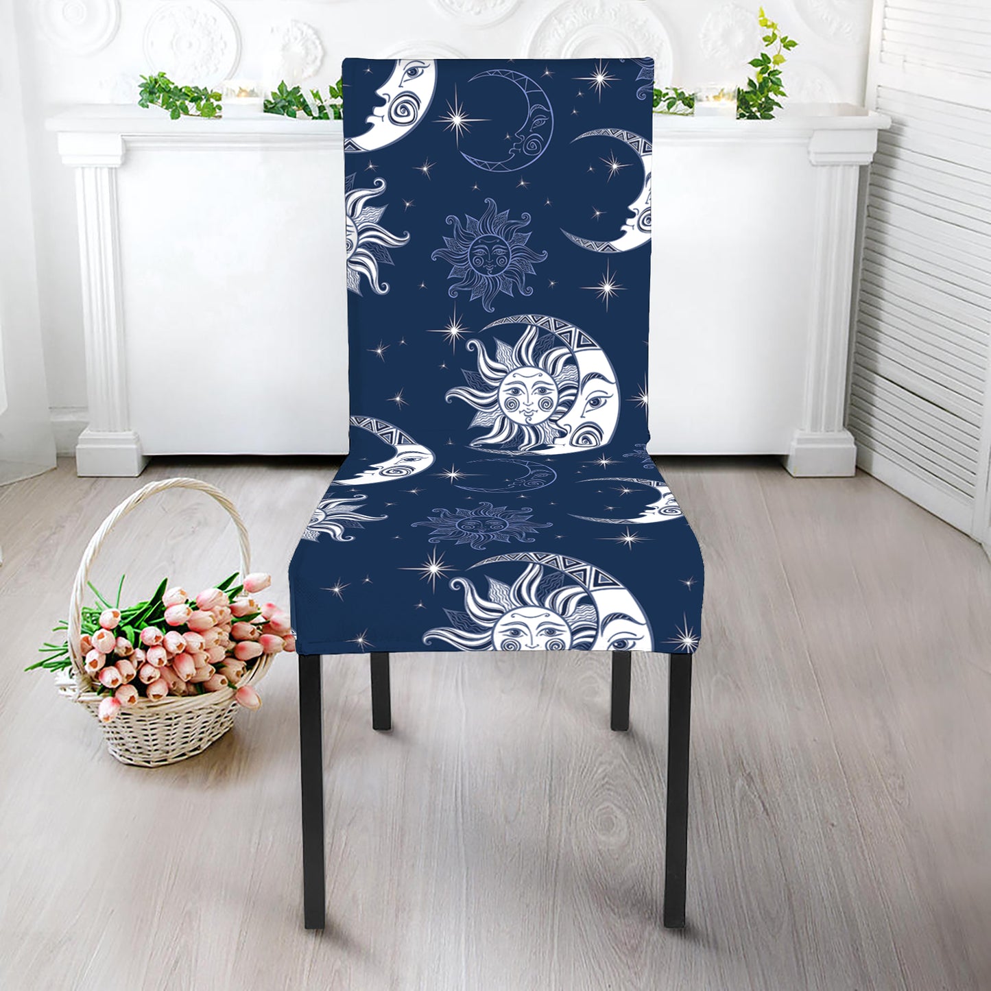 White And Blue Celestial Pattern Print Dining Chair Slipcover